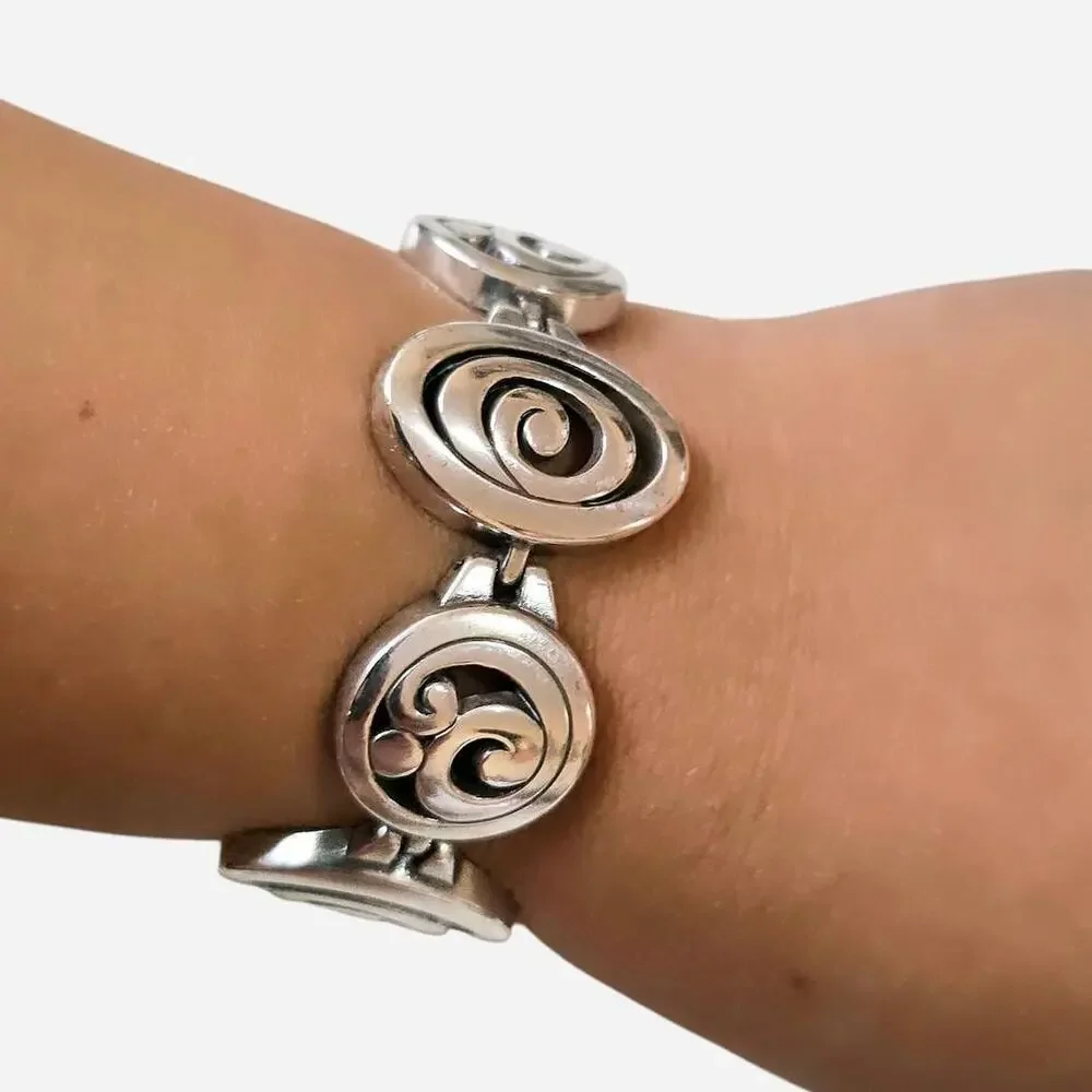 Vintage Brighton Retired Silvertone Spiral Scroll Panel Bracelet